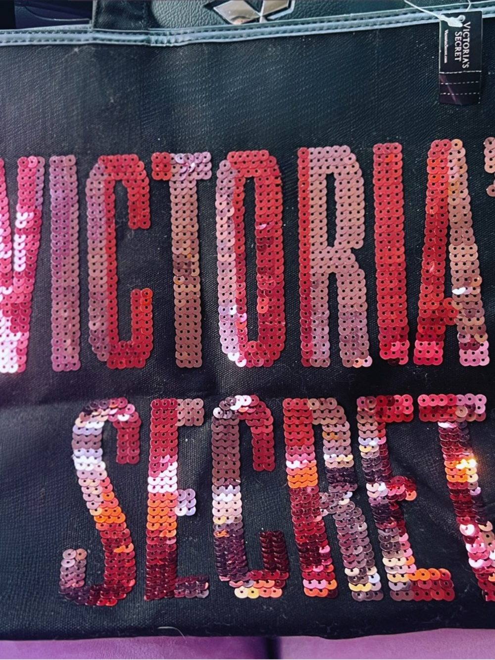 Victoria's Secret Black Tote with Pink and Red Sequin Logo